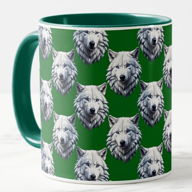 Mug Motif de tête de loup blanc design vert  (Créateur téléchargé)