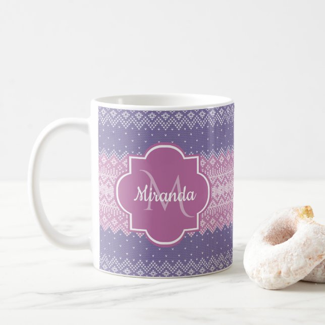 Mug Motif de tricot violet élégant avec monogramme et  (Avec donut)