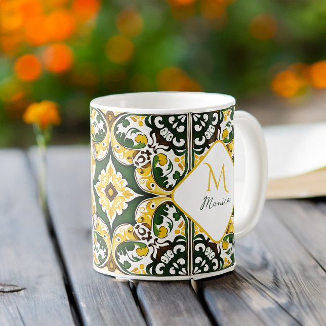 Mug Motif de tuiles méditerranéennes portugaises Monog (Portuguese Mediterranean tile pattern Monogram Coffee Mug personalized gifts bridesmaid gifts favors)