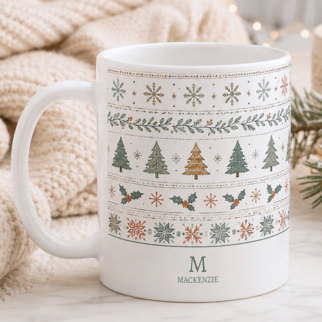 Mug Motif de vacances de Noël Monogramme (elegant cozy hygge Christmas winter holiday pattern mug with custom monogram initial and name)