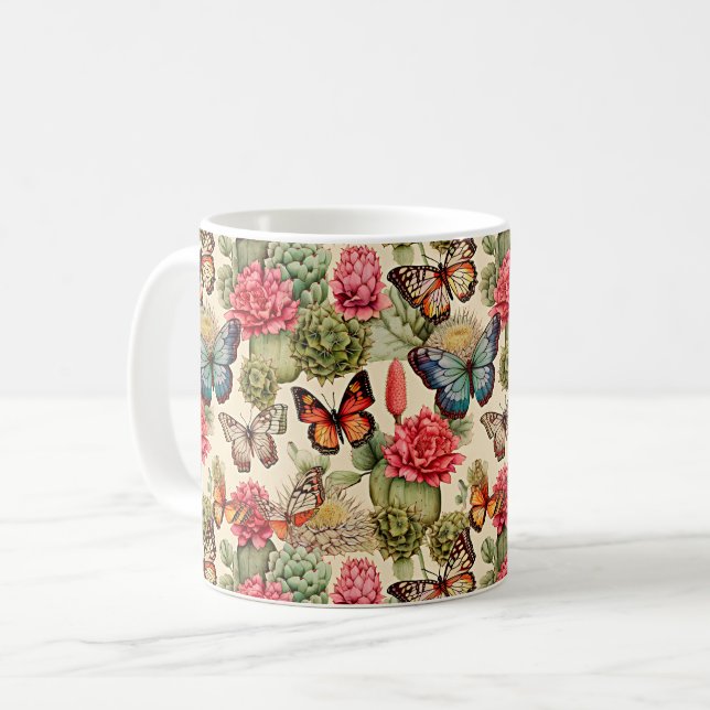 Mug Motif d'été lumineux avec papillons et cactus (Devant gauche)