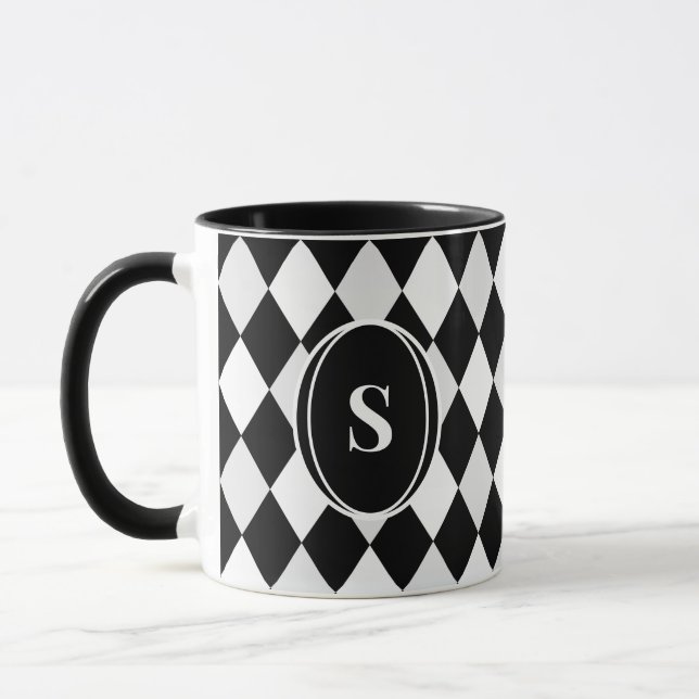 Mug Motif diamant en harlequin noir et blanc monogramm (Gauche)