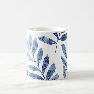 Mug Motif élégant de feuilles à l'aquarelle bleu indig