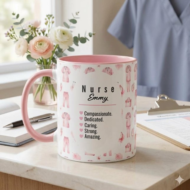 Mug Motif élégant d'infirmière à l'aquarelle rose Pers (Créateur téléchargé)