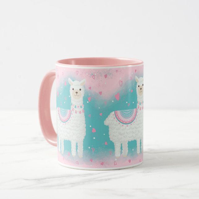 Mug Motif en lama rose et menthe (Devant gauche)