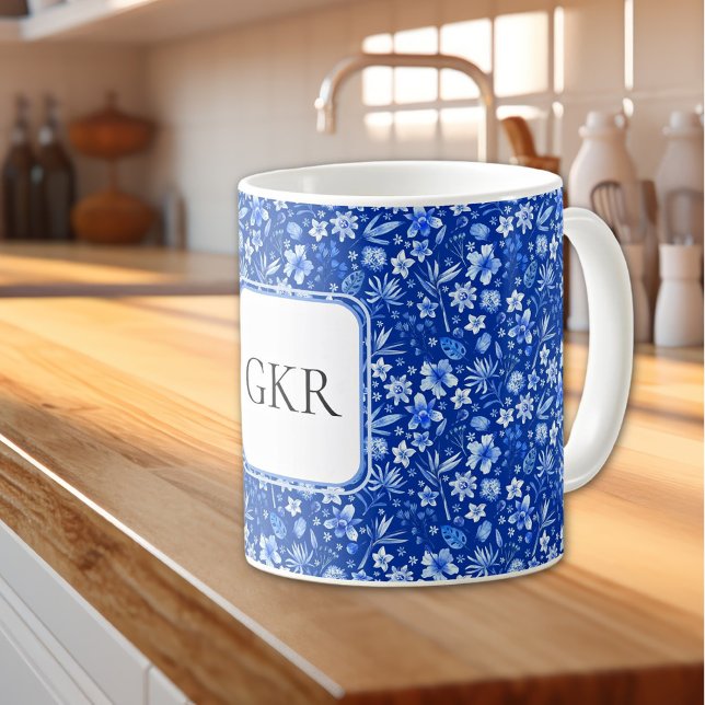 Mug Motif Fleurs et Feuilles Bleu Cobalt Monogram 11oz (Créateur téléchargé)