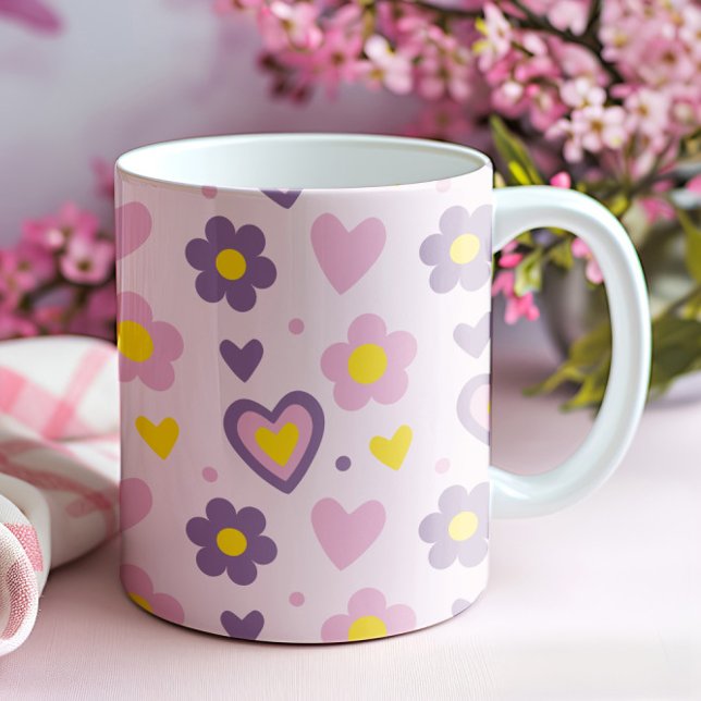 Mug Motif Fleurs Rétro Cœurs Rose, Violet, Jaune (Créateur téléchargé)
