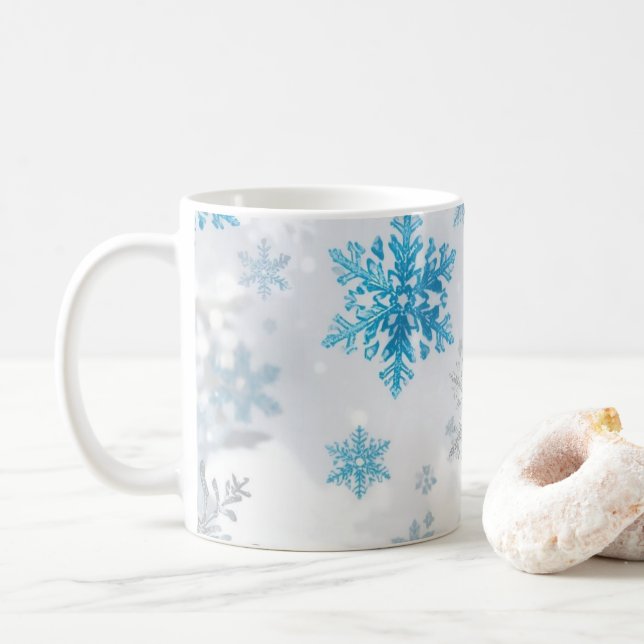 Mug Motif flocon de neige hivernal bleu et blanc (Avec donut)
