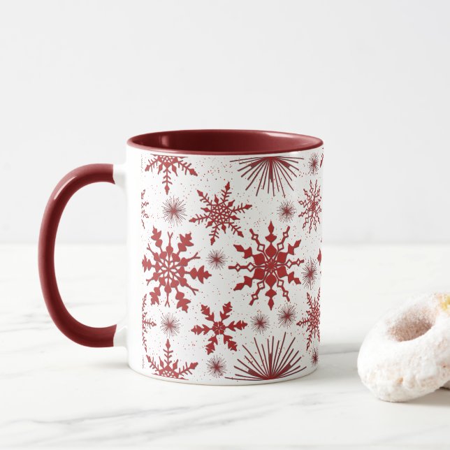 Mug Motif Flocon de Neige Rouge et Blanc Noël (Avec donut)