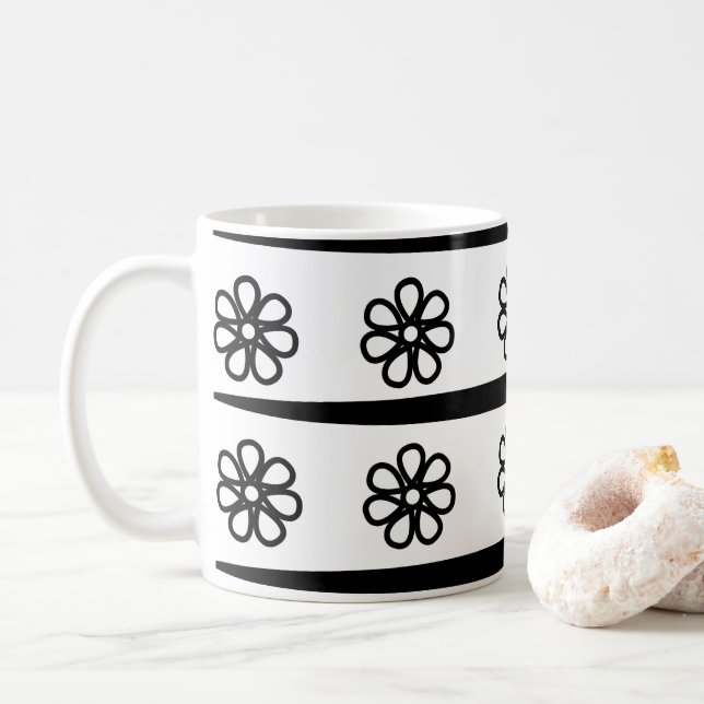 Mug Motif floral à rayures noires et blanches   (Avec donut)