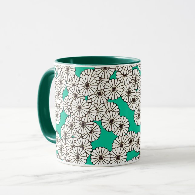 Mug Motif floral Art Déco - blanc sur turquoise (Devant gauche)