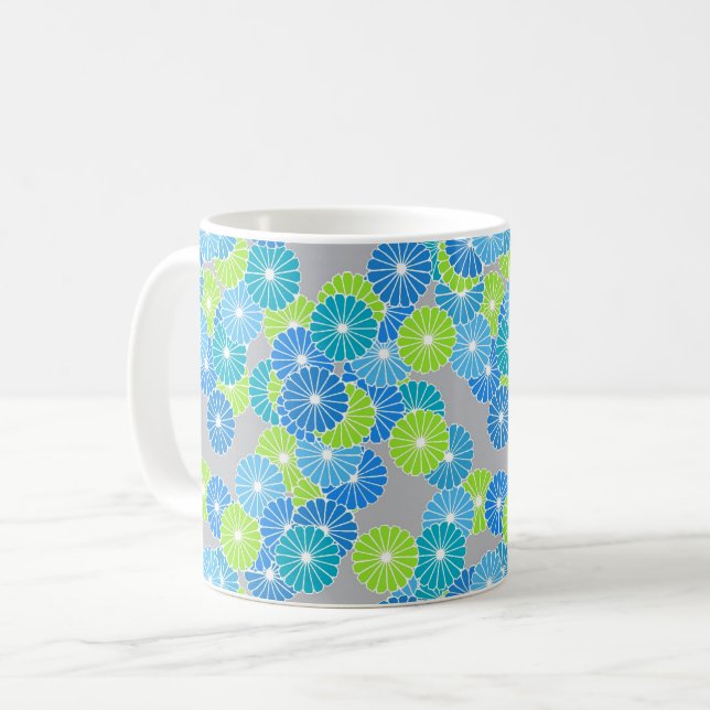 Mug Motif floral Art Déco - bleu et vert citron (Devant gauche)