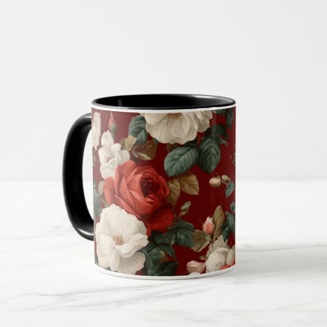 Mug Motif floral blanc de rose rouge classique (Devant gauche)