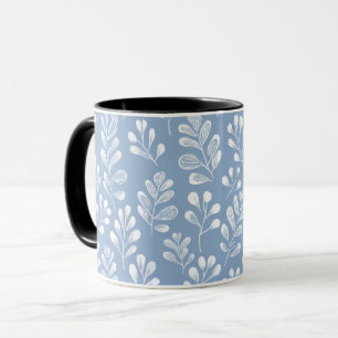 Mug Motif floral bleu doux scandinave à feuilles blanc