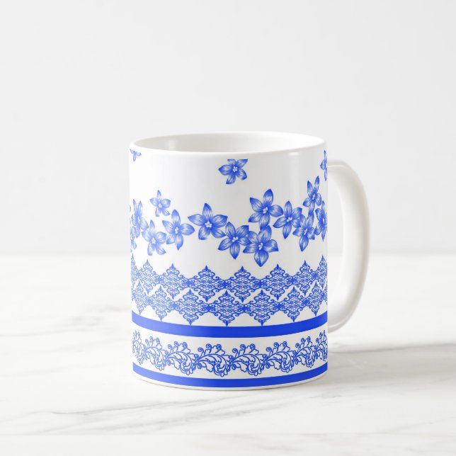 Mug Motif floral bleu et blanc, (Devant droit)