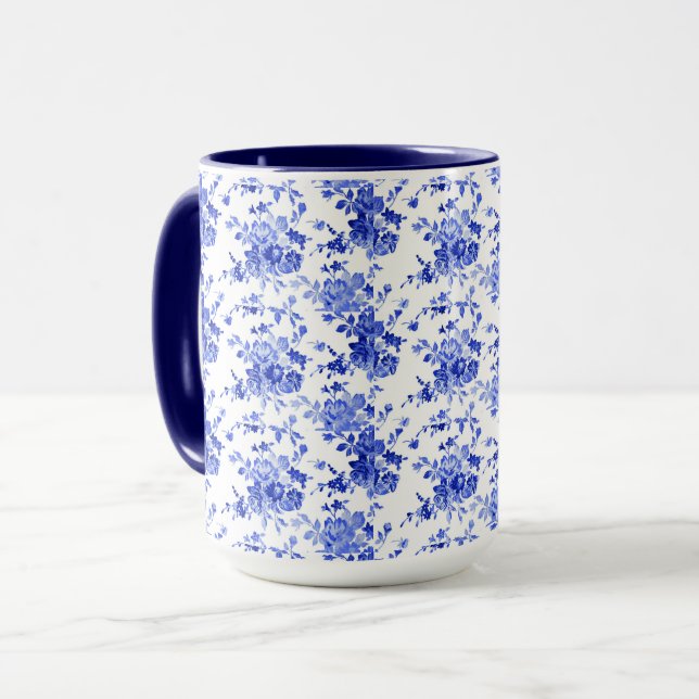 Mug Motif floral bleu vintage et blanc,  (Devant gauche)