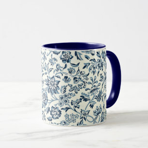 Mug motif floral bleu vintage et blanc