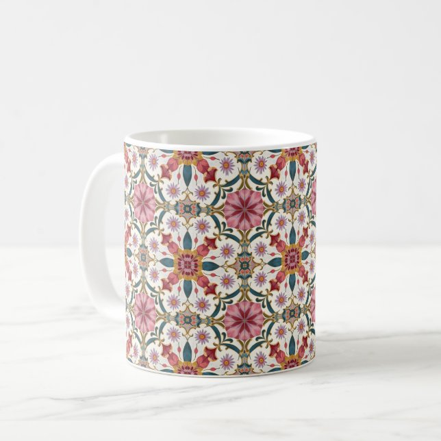 Mug Motif floral boho en rouge, rose et sarcelle (Devant gauche)