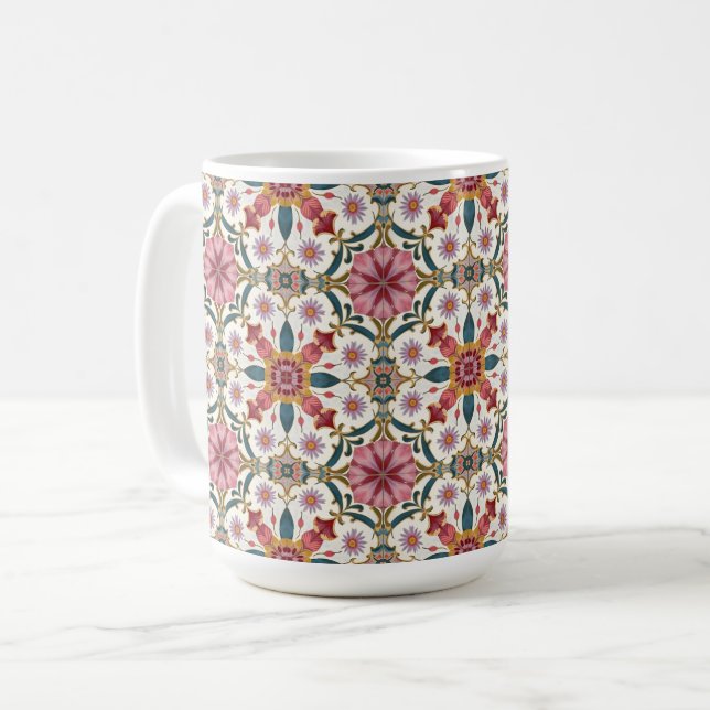 Mug Motif floral boho en rouge, rose et sarcelle (Devant gauche)