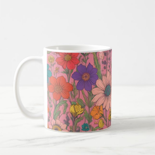 Mug Motif floral coloré sur rose (Gauche)