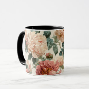 Mug Motif floral crème de pivoine rose vintage
