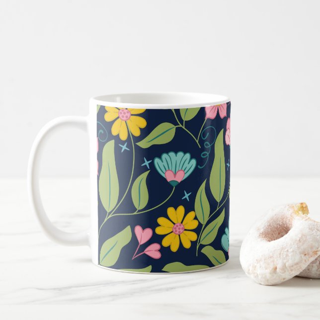 Mug Motif floral de printemps sur bleu foncé (Avec donut)