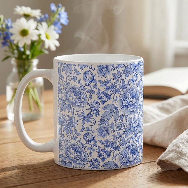 Mug Motif floral de toile bleue Classique Botanique (Créateur téléchargé)