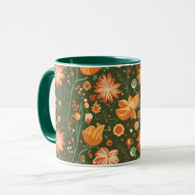 Mug Motif floral dynamique avec fleurs orange et jaune (Devant gauche)
