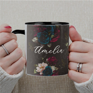 Mug Motif floral élégant rouge turquoise