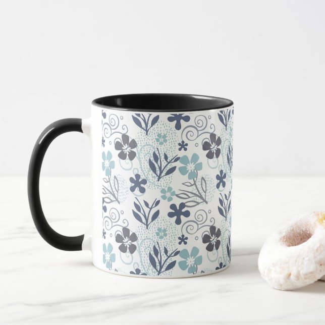 Mug Motif floral en bleu et gris (Avec donut)
