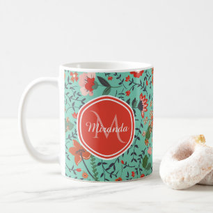 Mug Motif floral en Monogramme Turquoise et orange et 