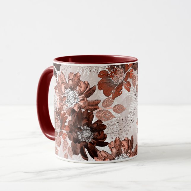 Mug Motif floral gris marron aquarelle. (Devant gauche)