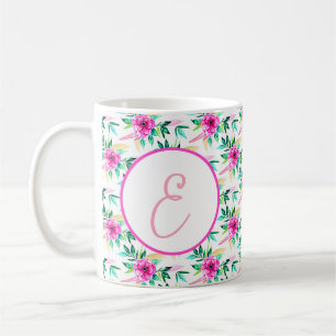 Mug Motif floral monogramme aquarelle rose vif