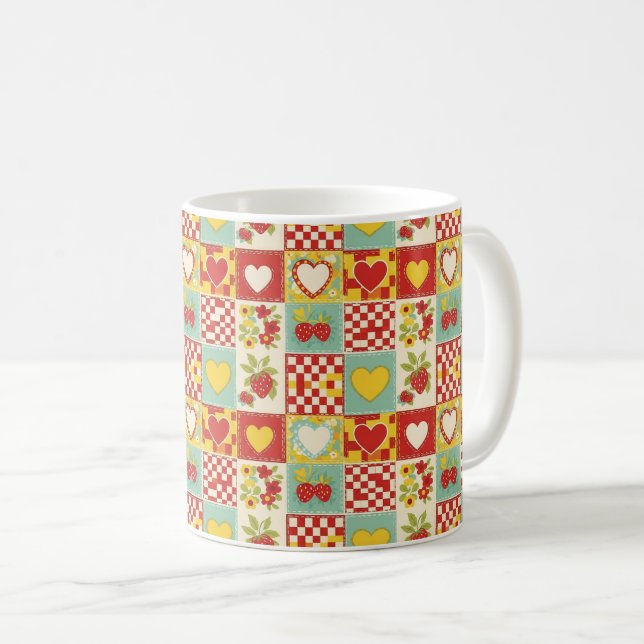 Mug Motif floral patchwork rétro à la fraise (Devant droit)