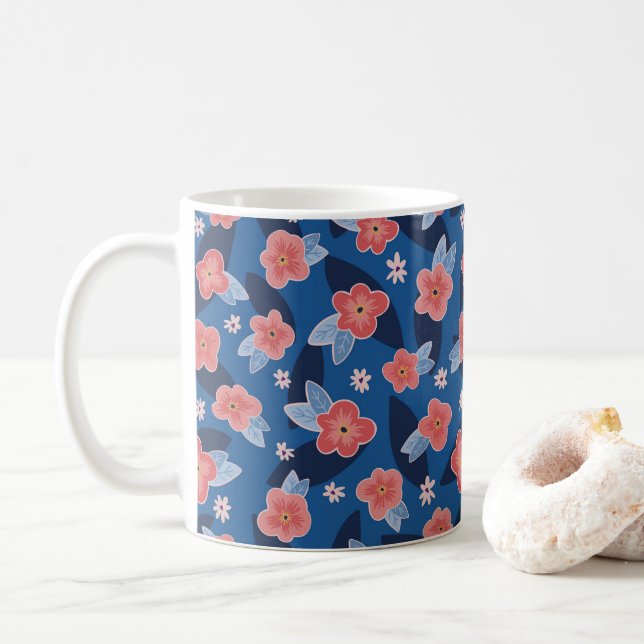 Mug Motif floral pêche et bleu (Avec donut)