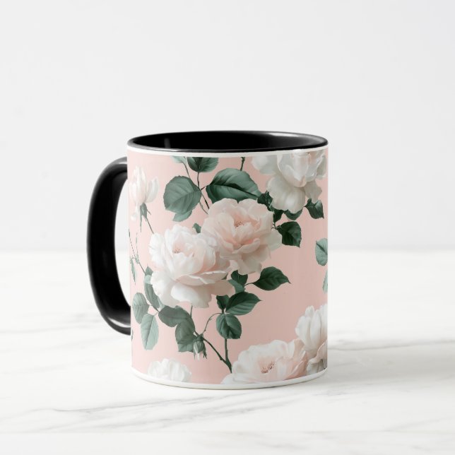 Mug Motif floral rose blanche rose tendre doux (Devant gauche)