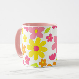 Mug Motif floral rose et jaune rétro d'été lumineux