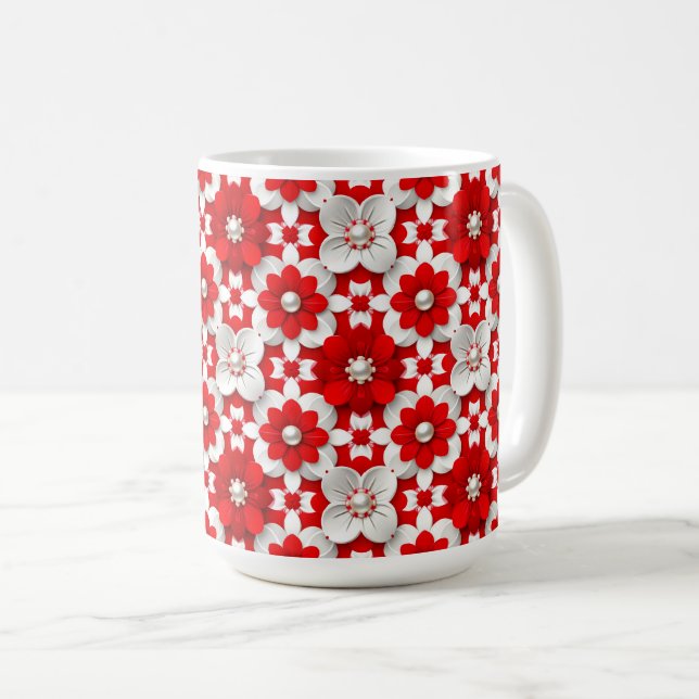 Mug Motif floral rouge et blanc vibrant avec perle (Devant droit)