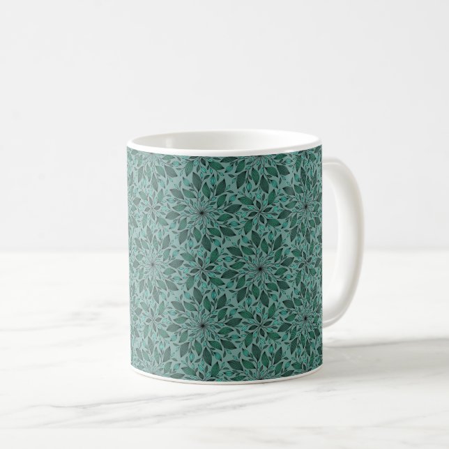 Mug Motif floral sarcelle élégant avec mandala de feui (Devant droit)