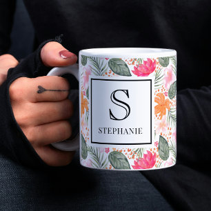 Mug Motif floral tropical à l'aquarelle monogramme et