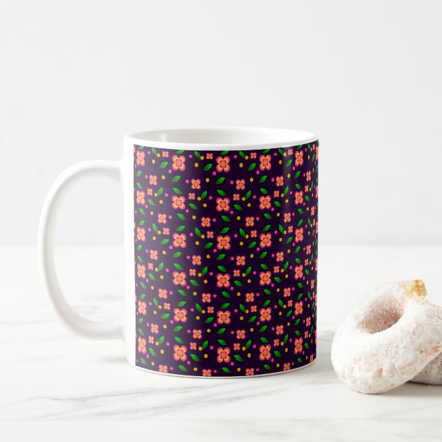 Mug Motif floral vibrant sans couture sur fond violet  (Avec donut)