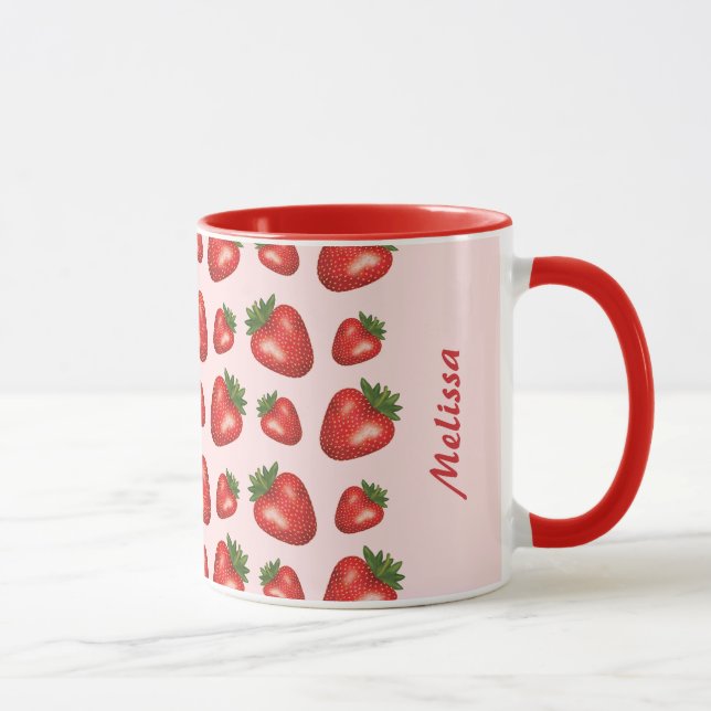 Mug Motif Fraise Rouge Sur Fond Rose Avec Nom Personna (Droite)