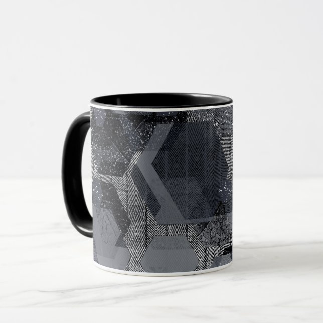 Mug motif géométrique Abstrait, noir et gris. (Devant gauche)