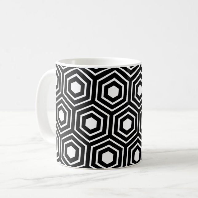 Mug Motif Hexagon Stripes de ruche blanche noire (Devant gauche)