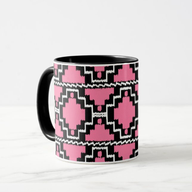 Mug Motif Ikat Aztec - Fuchsia rose, noir et blanc (Devant gauche)