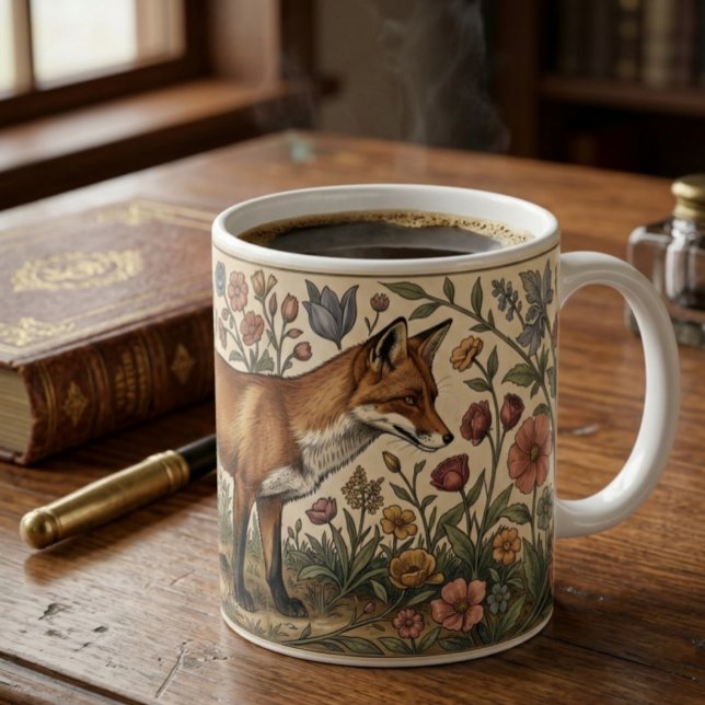 Mug Motif inspiré de William Morris : Renard dans les  (William Morris Inspired Pattern Fox in Flowers Coffee Mug
by Ricaso. Vintage twist on modern mug)