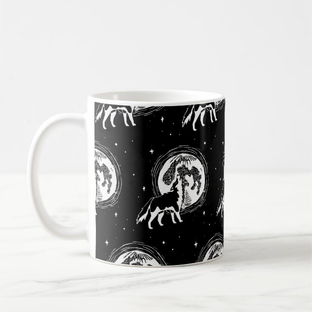 Mug Motif Linocut Husky Moon Black & White Howling (Gauche)
