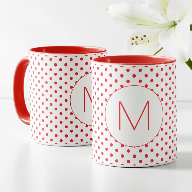 Mug Motif moderne à pois rouges Monogramme initial mig (Modern Red Polka Dot Pattern Cute Initial Monogram Mug)