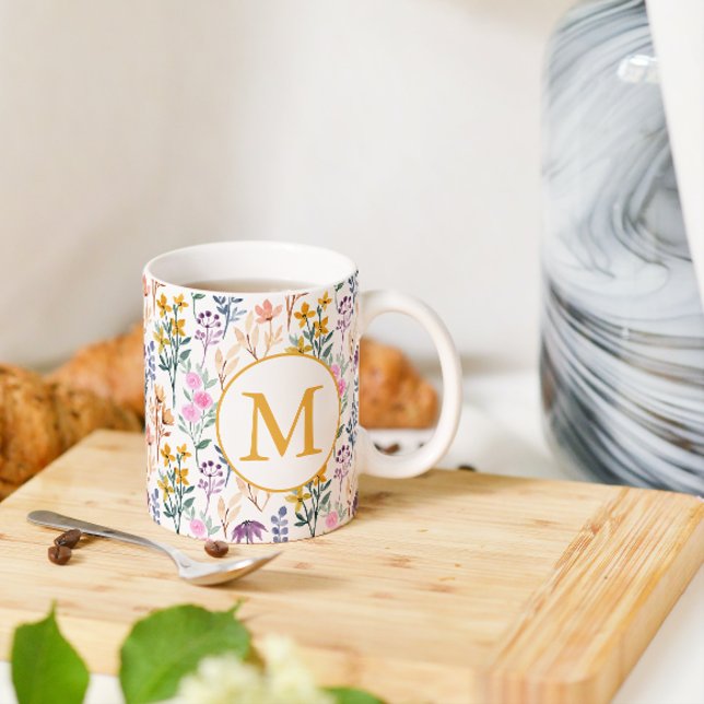 Mug Motif monogramme aquarelle de fleurs de printemps  (Créateur téléchargé)