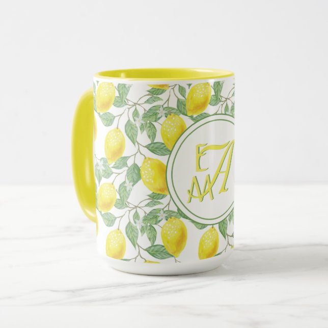Mug Motif Monogrammé Arbre Citron Décor Jaune Vert (Devant gauche)